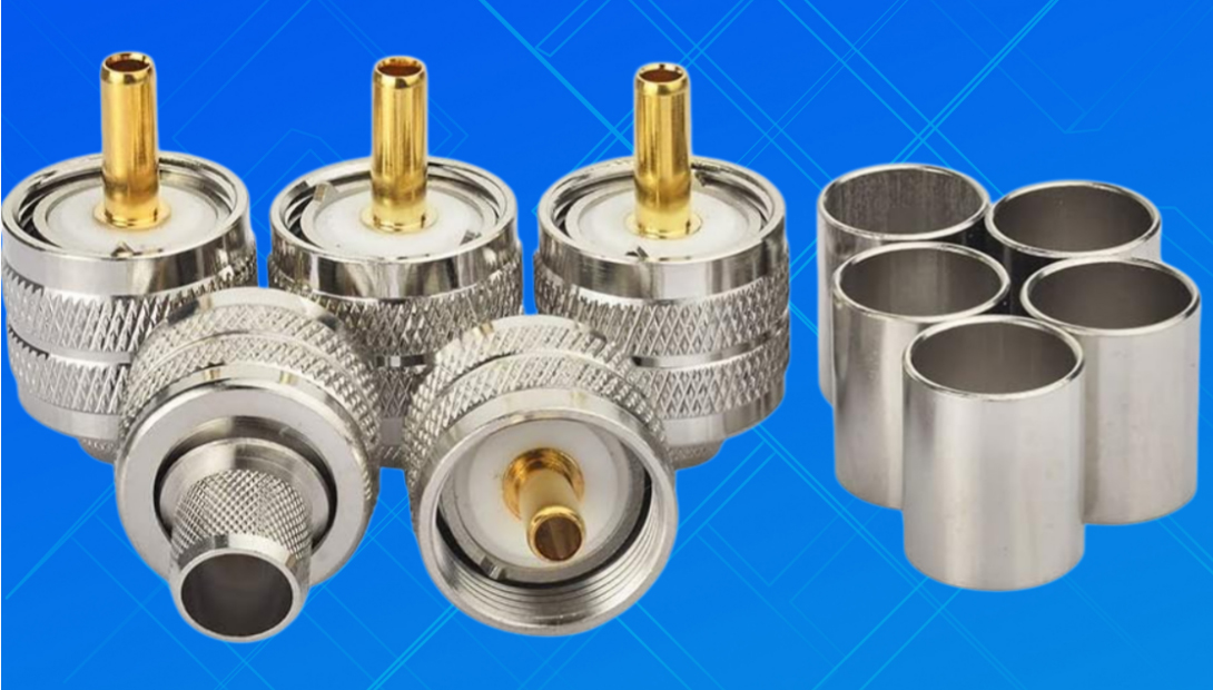 N-type connector detailed view, threaded coupling, robust construction, dark background